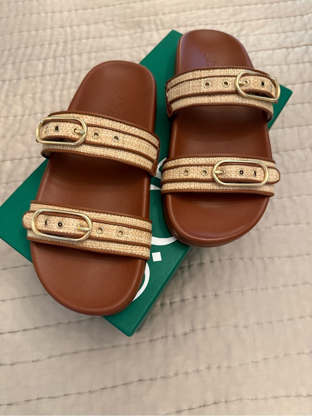 J. Crew Brown Leather Slide Sandals with Natural Raffia Straps and Gold Buckles